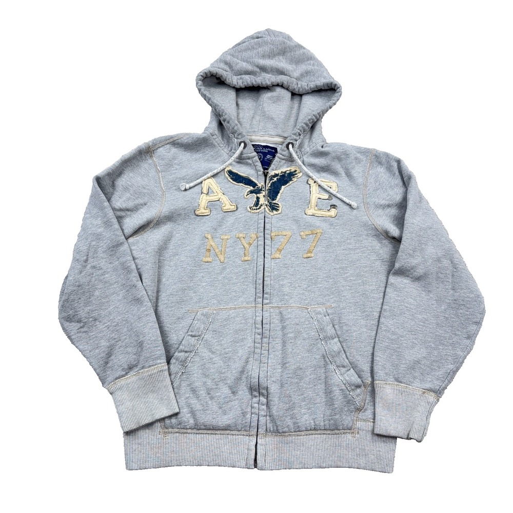 Vintage Y2K American Eagle Hoodie Men Large Gray Full Zip Jacket AEO NY77 2000s